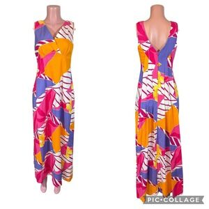 Vtg 60 70's Hilo Hatties Pink FLORAL Hawaiian Sleeveless MAXI Dress Sz 8 Pleated